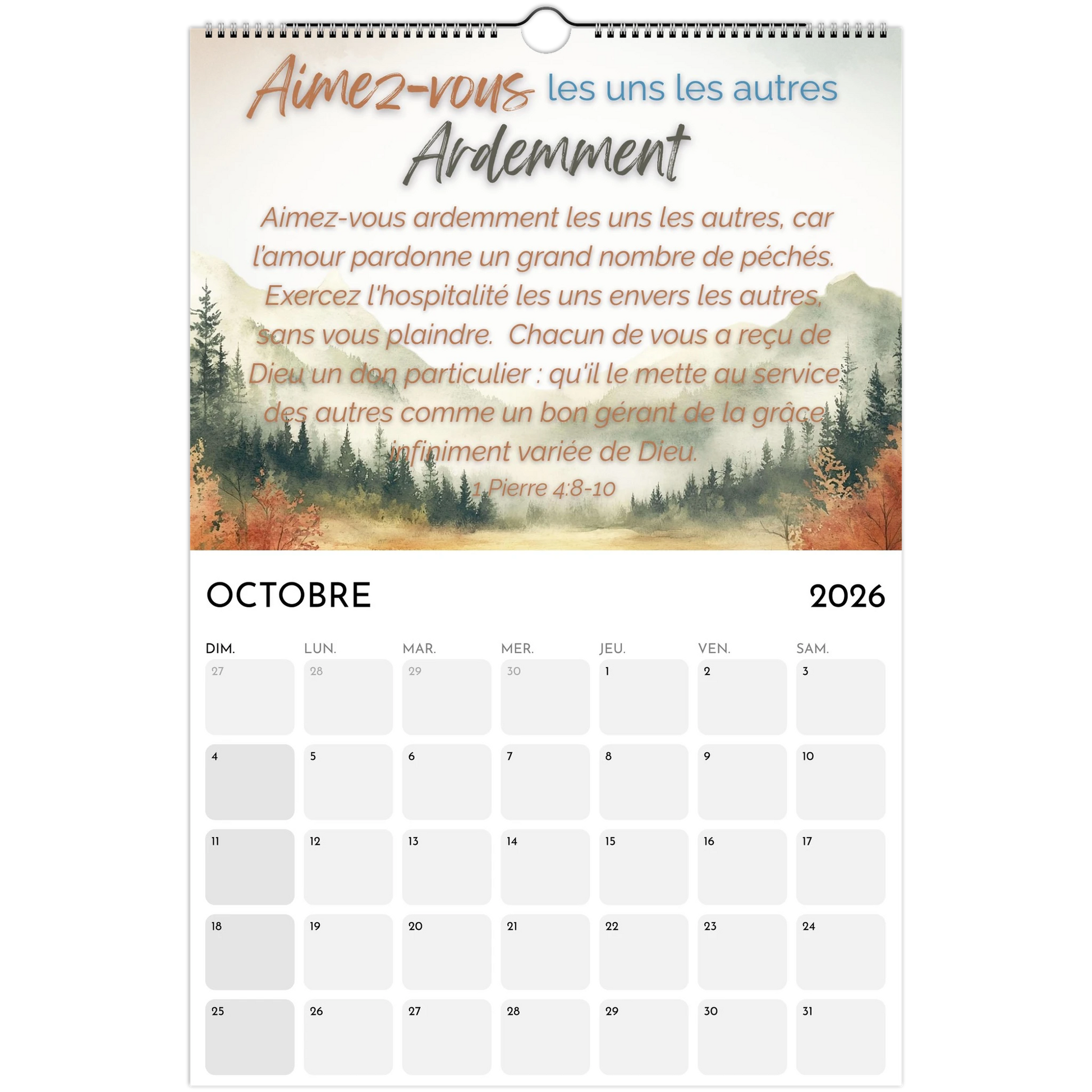 Calendar for October 2026 with a scenic background and inspirational text.