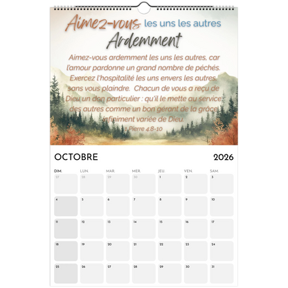 Calendar for October 2026 with a scenic background and inspirational text.