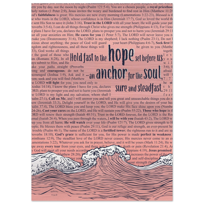A metal print with a wave and anchor design featuring Bible verses in the background, predominantly in pink and silver colors.