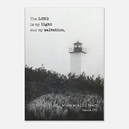 Lighthouse Christian wall art with Psalm 27:1 in black and white — inspirational Scripture home décor.