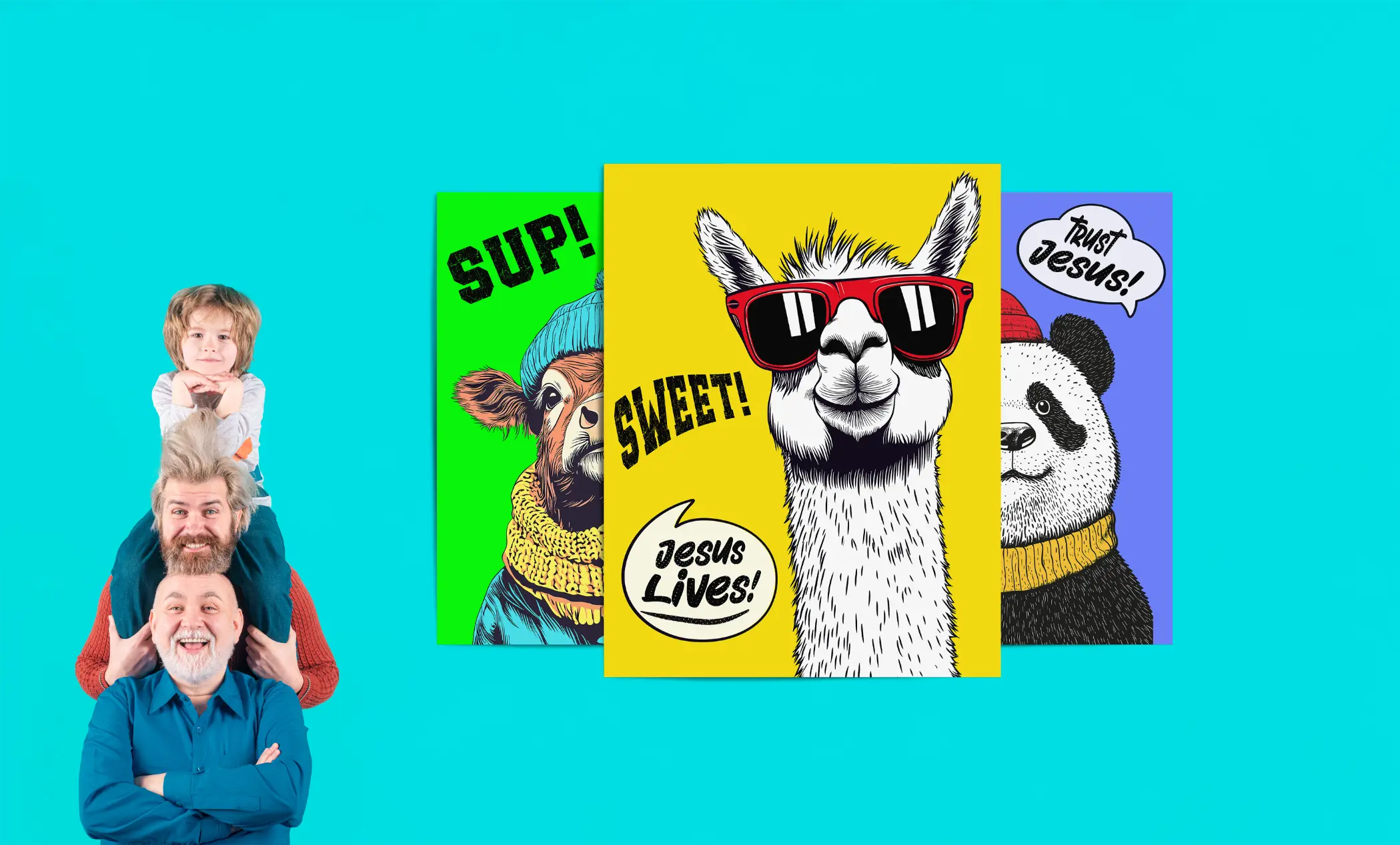 Three colorful posters with animals and text on a blue background