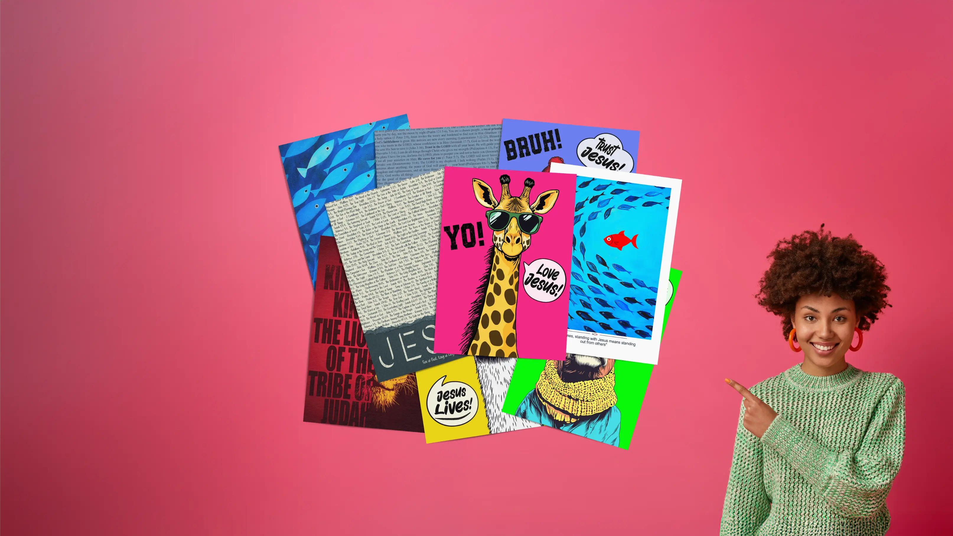 Colorful greeting cards with various designs on a pink background, with a person pointing at them.