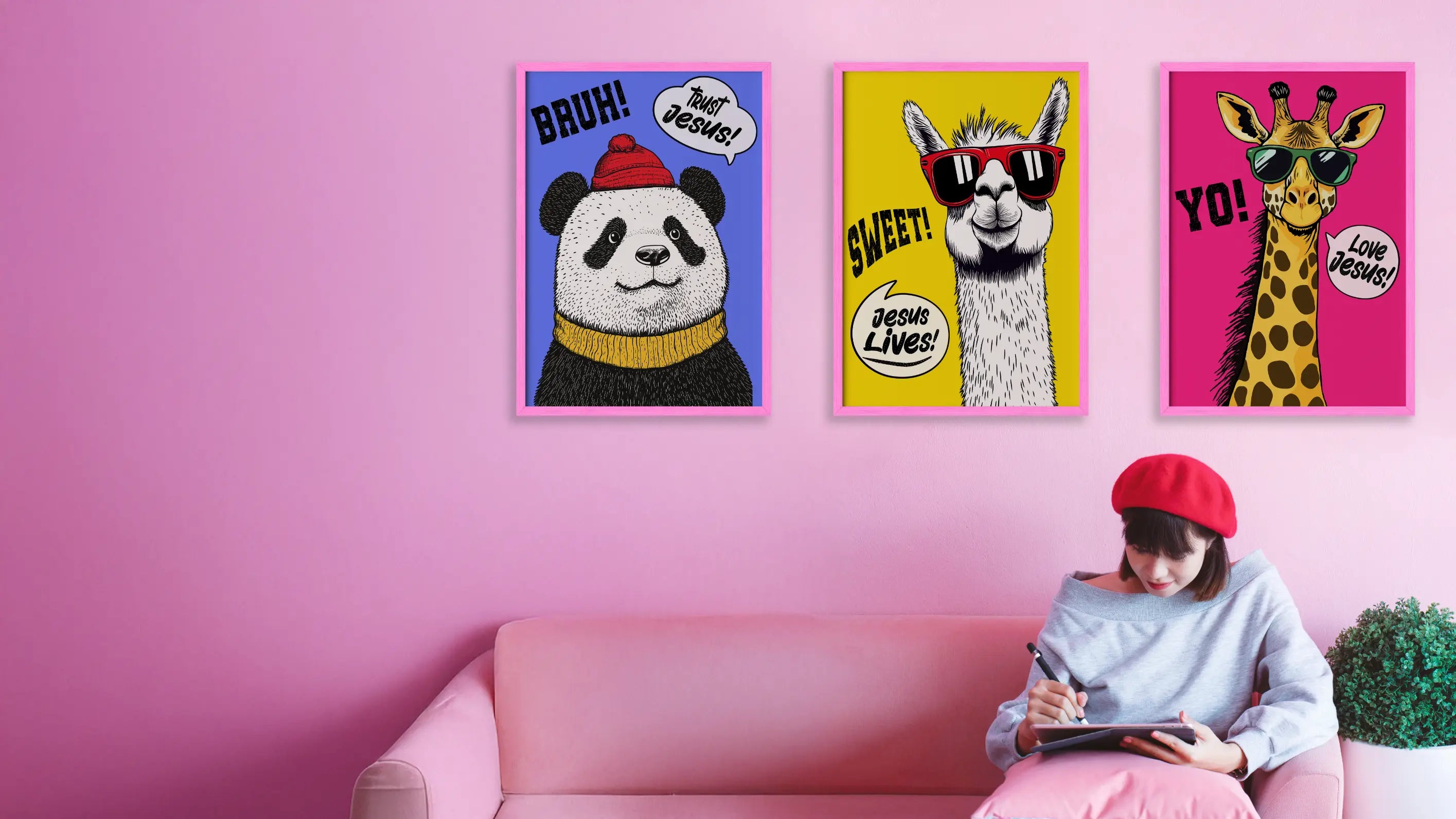 Woman sitting on a pink couch with colorful animal-themed wall art in the background.