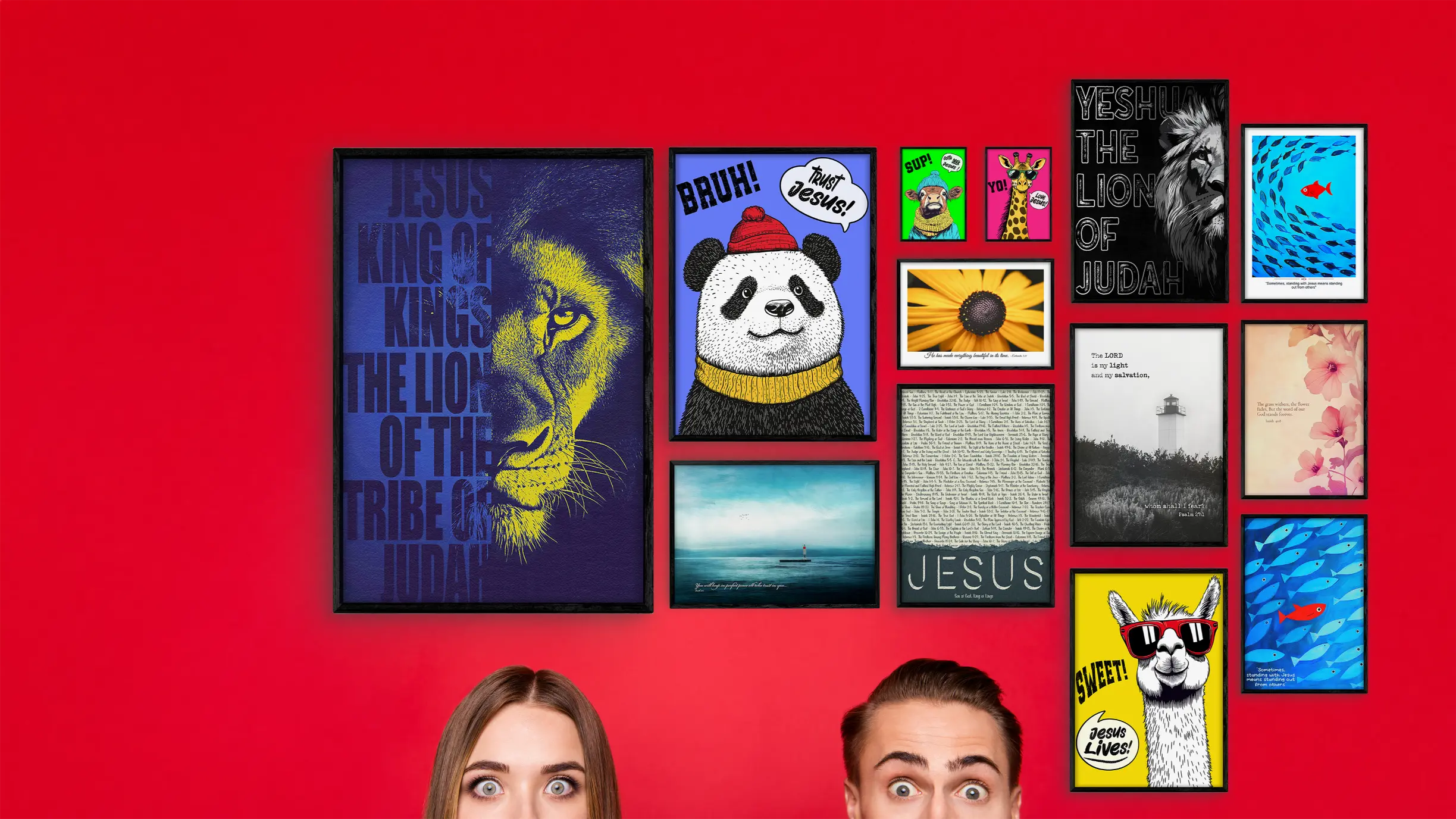 Collection of framed posters with various designs on a red background