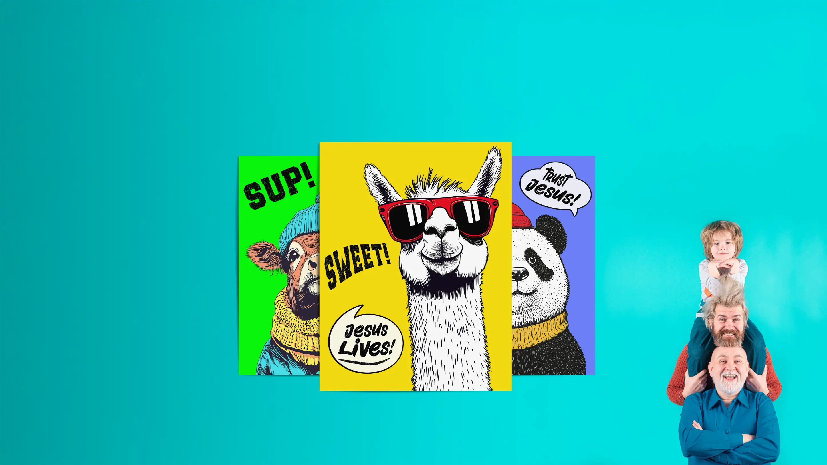 Four colorful greeting cards with animal illustrations on a blue background, featuring a man holding children.