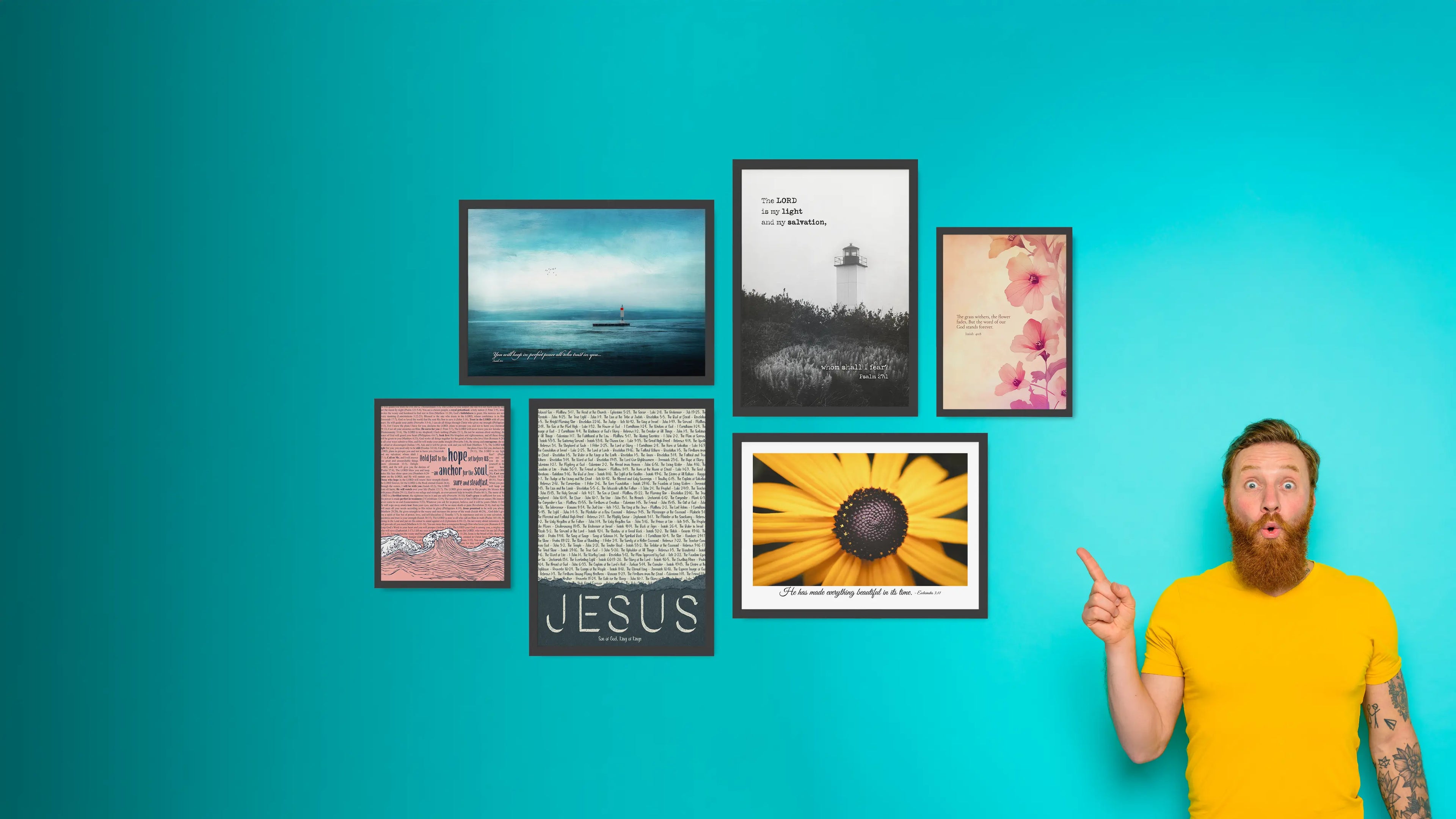 Man pointing at framed pictures on a teal wall with 'JESUS' prominently displayed.