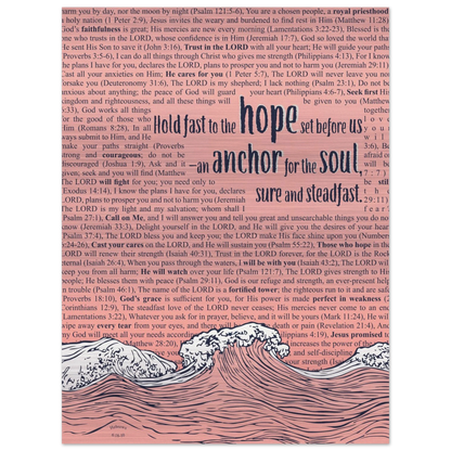A metal print with a wave and anchor design featuring Bible verses in the background, predominantly in pink and silver colors.