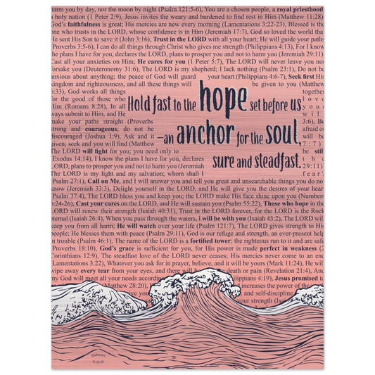 A metal print with a wave and anchor design featuring Bible verses in the background, predominantly in pink and silver colors.