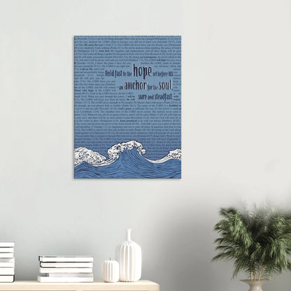anchor for the soul hebrews 6 19 christian wall art in blue with wave illustration displayed in a bright minimalist room with small plant decor