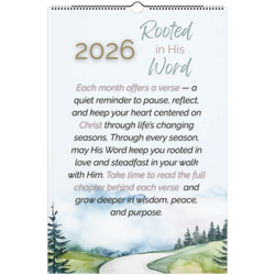 Calendar with nature scene and text about 'Rooted in His Word' for 2026.
