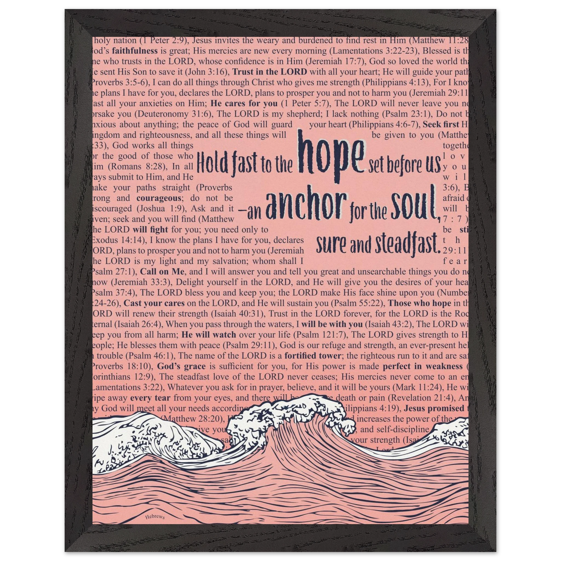 pink christian poster with bible verses in the background featuring a hand drawn wave illustration and the words hold fast to the hope set before us an anchor for the soul sure and steadfast hebrews 6 19