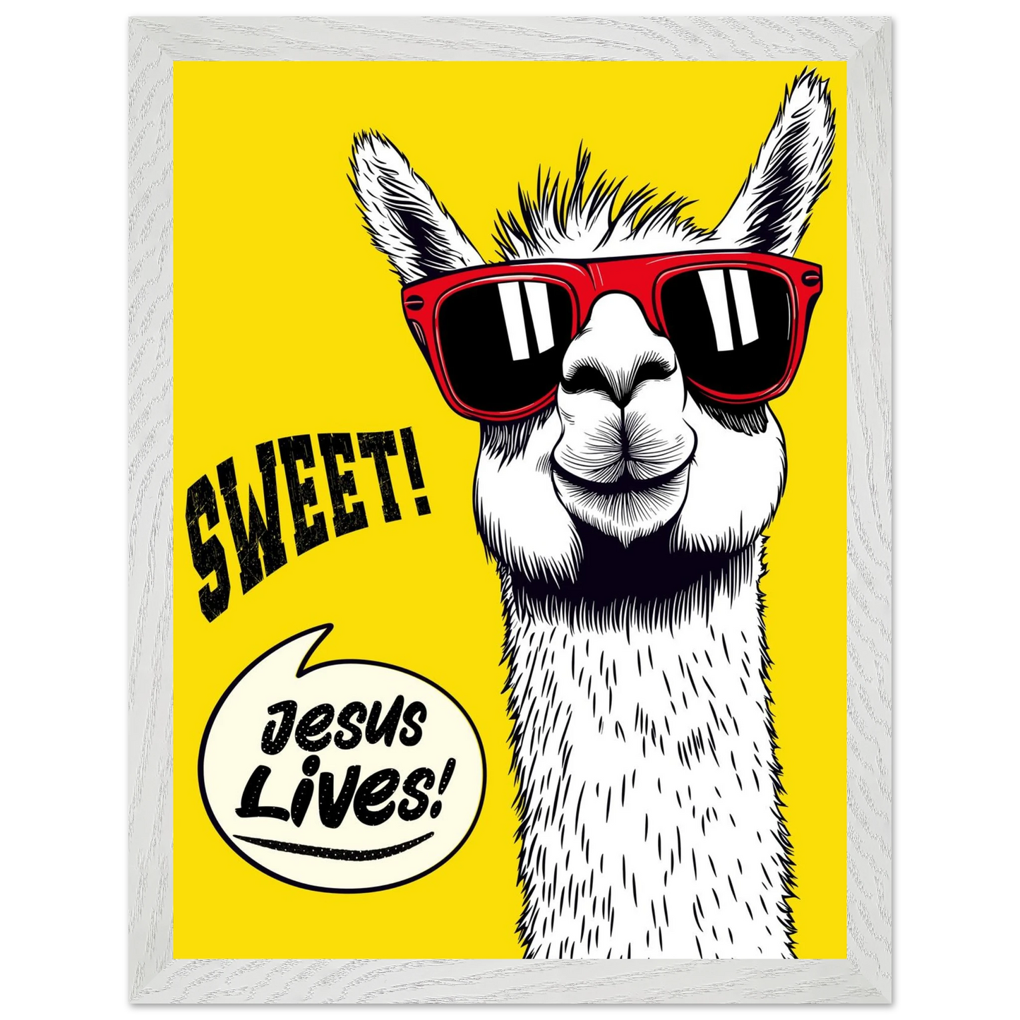 Playful Christian wall art illustration of a white llama wearing red sunglasses on a bright yellow background, with the words SWEET! and Jesus Lives in a speech bubble, framed in grey.
