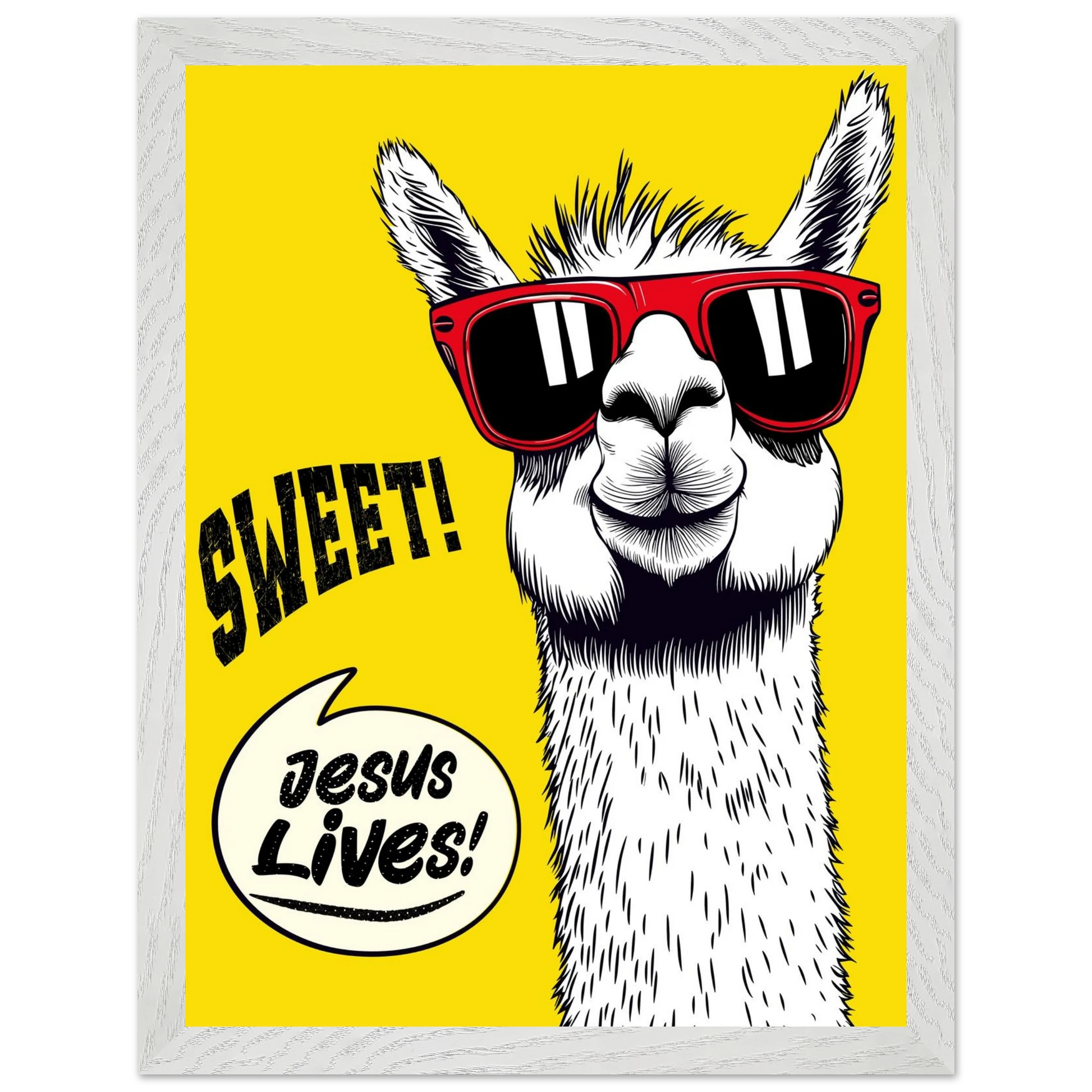 Playful Christian wall art illustration of a white llama wearing red sunglasses on a bright yellow background, with the words SWEET! and Jesus Lives in a speech bubble, framed in grey.