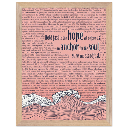 pink christian poster with bible verses in the background featuring a hand drawn wave illustration and the words hold fast to the hope set before us an anchor for the soul sure and steadfast hebrews 6 19