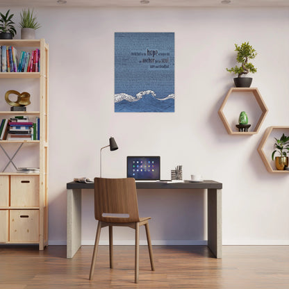 metal wall art featuring a wave and anchor design with bible verses in pink and silver tones displayed above a modern home office desk