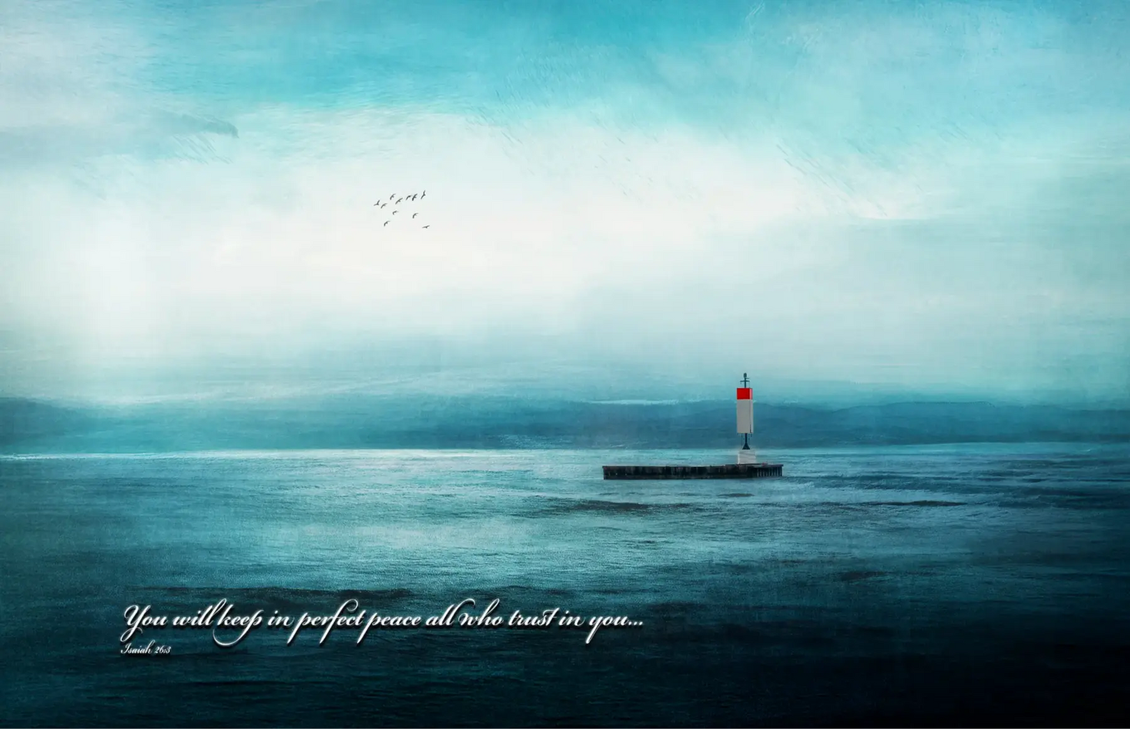 Lighthouse on a dock in the middle of a calm body of water under an overcast sky.