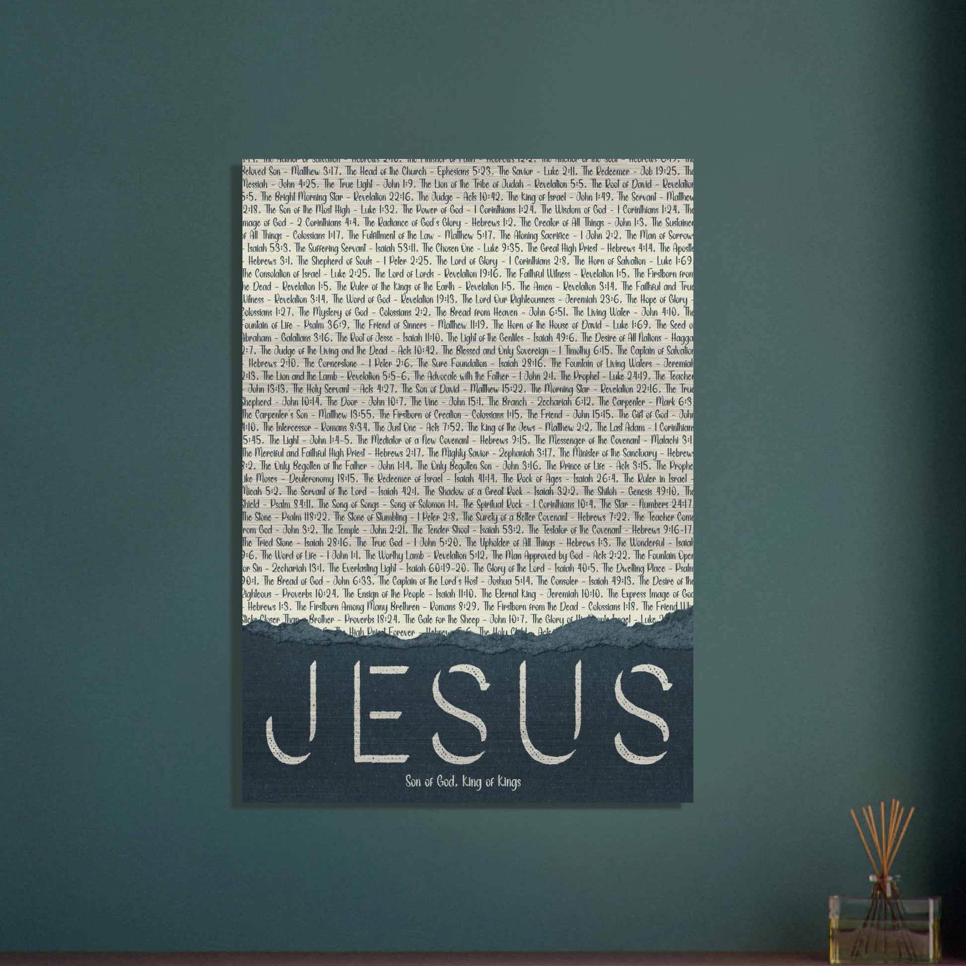 jesus metal wall art with scriptural titles shown on a dark teal wall in a modern room