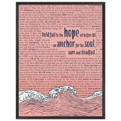 pink christian poster with bible verses in the background featuring a hand drawn wave illustration and the words hold fast to the hope set before us an anchor for the soul sure and steadfast hebrews 6 19