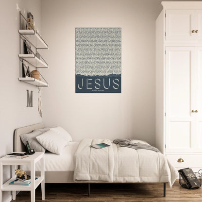 Bedroom with a 'Jesus' poster on the wall