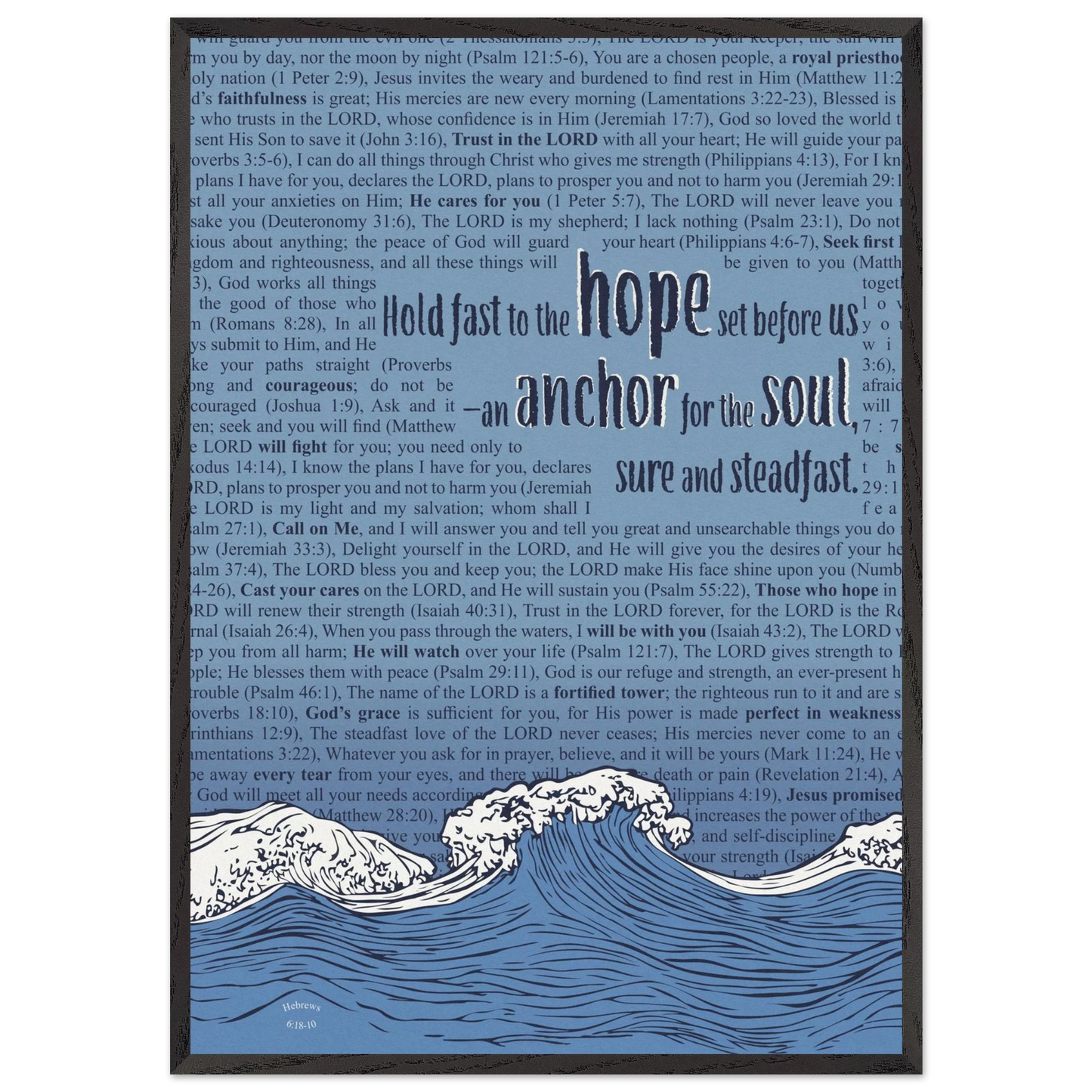 blue christian poster with bible verses in the background featuring a hand drawn wave illustration and the words hold fast to the hope set before us an anchor for the soul sure and steadfast hebrews 6 19