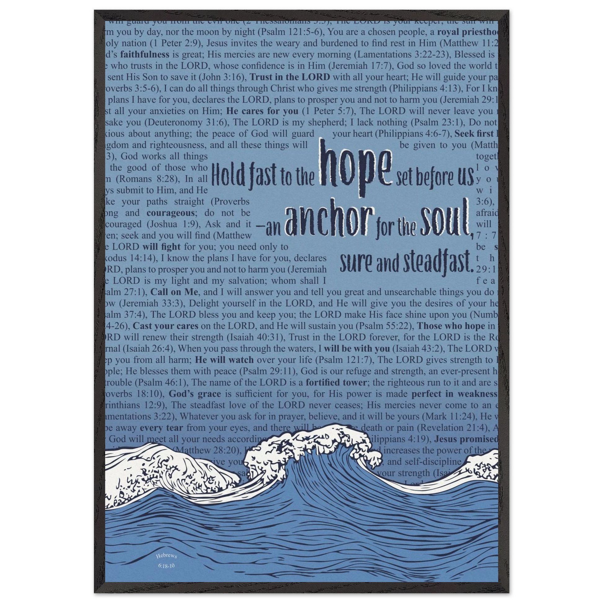 blue christian poster with bible verses in the background featuring a hand drawn wave illustration and the words hold fast to the hope set before us an anchor for the soul sure and steadfast hebrews 6 19