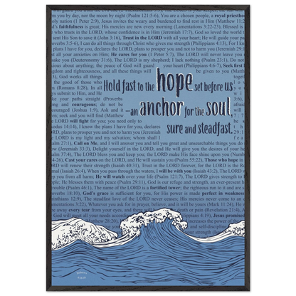 blue christian poster with bible verses in the background featuring a hand drawn wave illustration and the words hold fast to the hope set before us an anchor for the soul sure and steadfast hebrews 6 19
