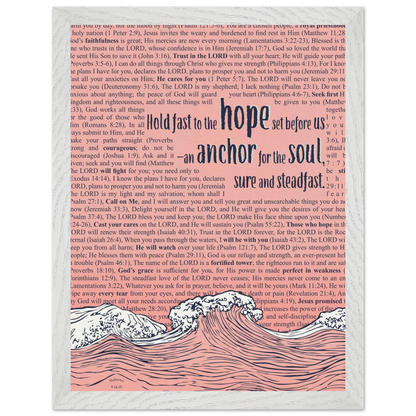 pink christian poster with bible verses in the background featuring a hand drawn wave illustration and the words hold fast to the hope set before us an anchor for the soul sure and steadfast hebrews 6 19