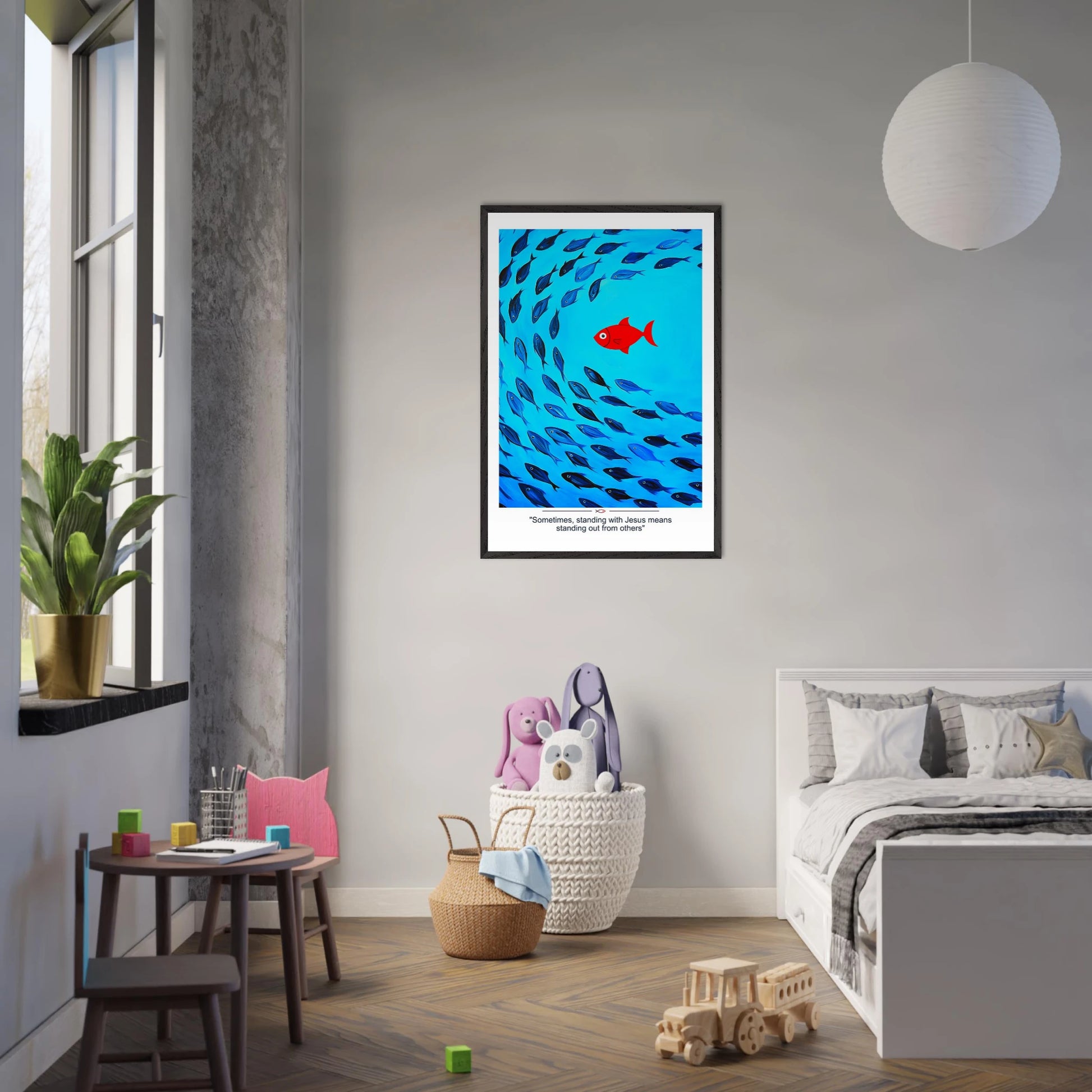 Framed Christian wall art featuring a red fish swimming in water with blue fish, and the text 'Sometimes standing with Jesus means standing out from others' as a quote displayed in a cozy modern kid bedroom