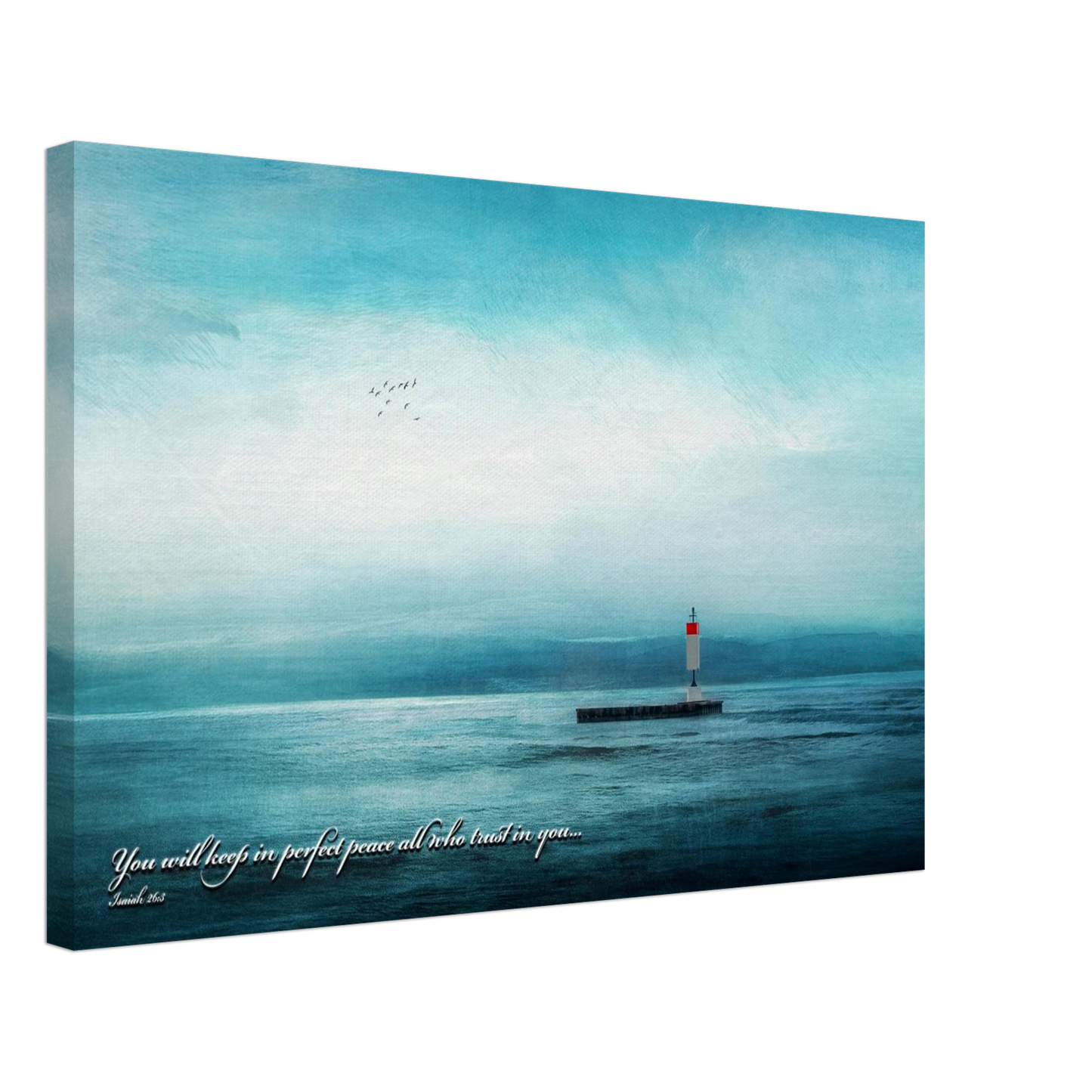 A canvas wall art print featuring a lighthouse with a backdrop of the sea and sky, including a quote about perfect peace.