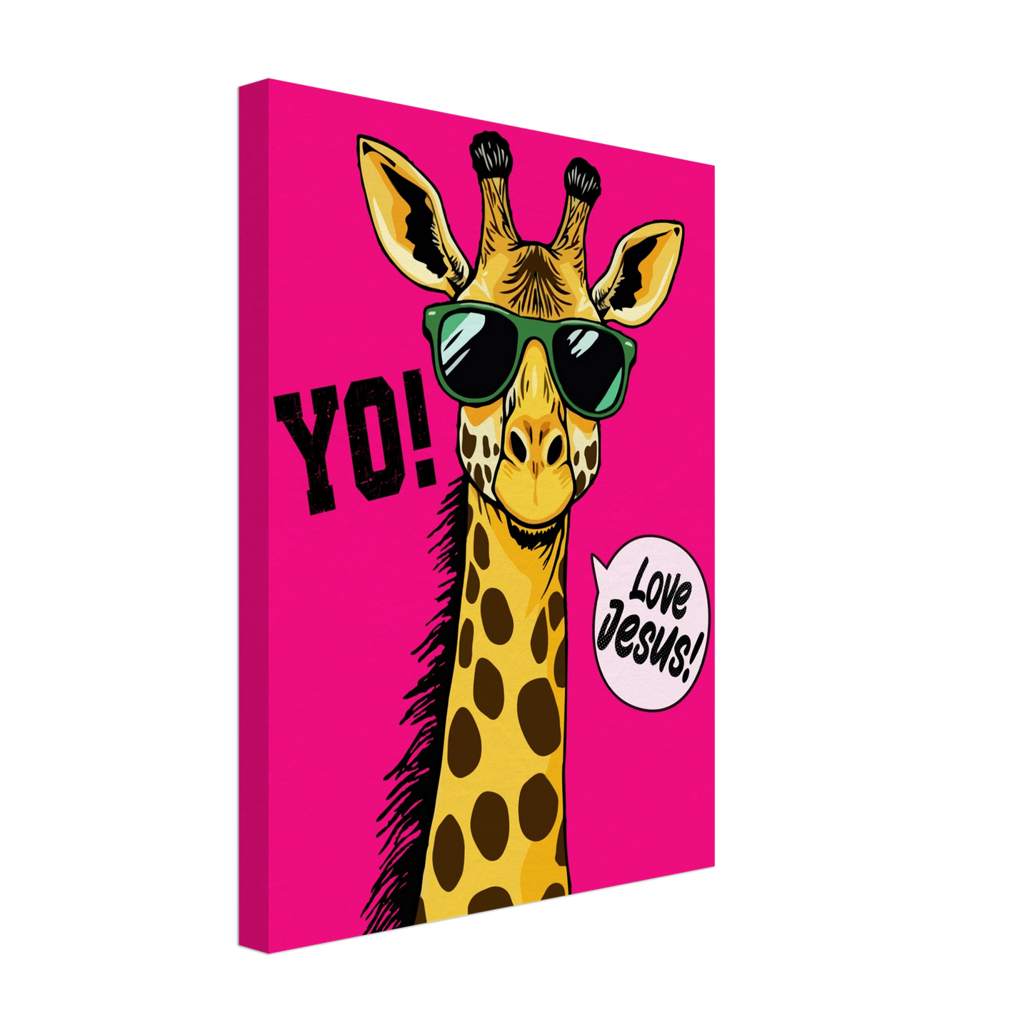 A vibrant pink canva featuring a cartoon giraffe with sunglasses and a speech bubble with the phrase 'Love Jesus!' The giraffe is the central figure against a vivid pink background.