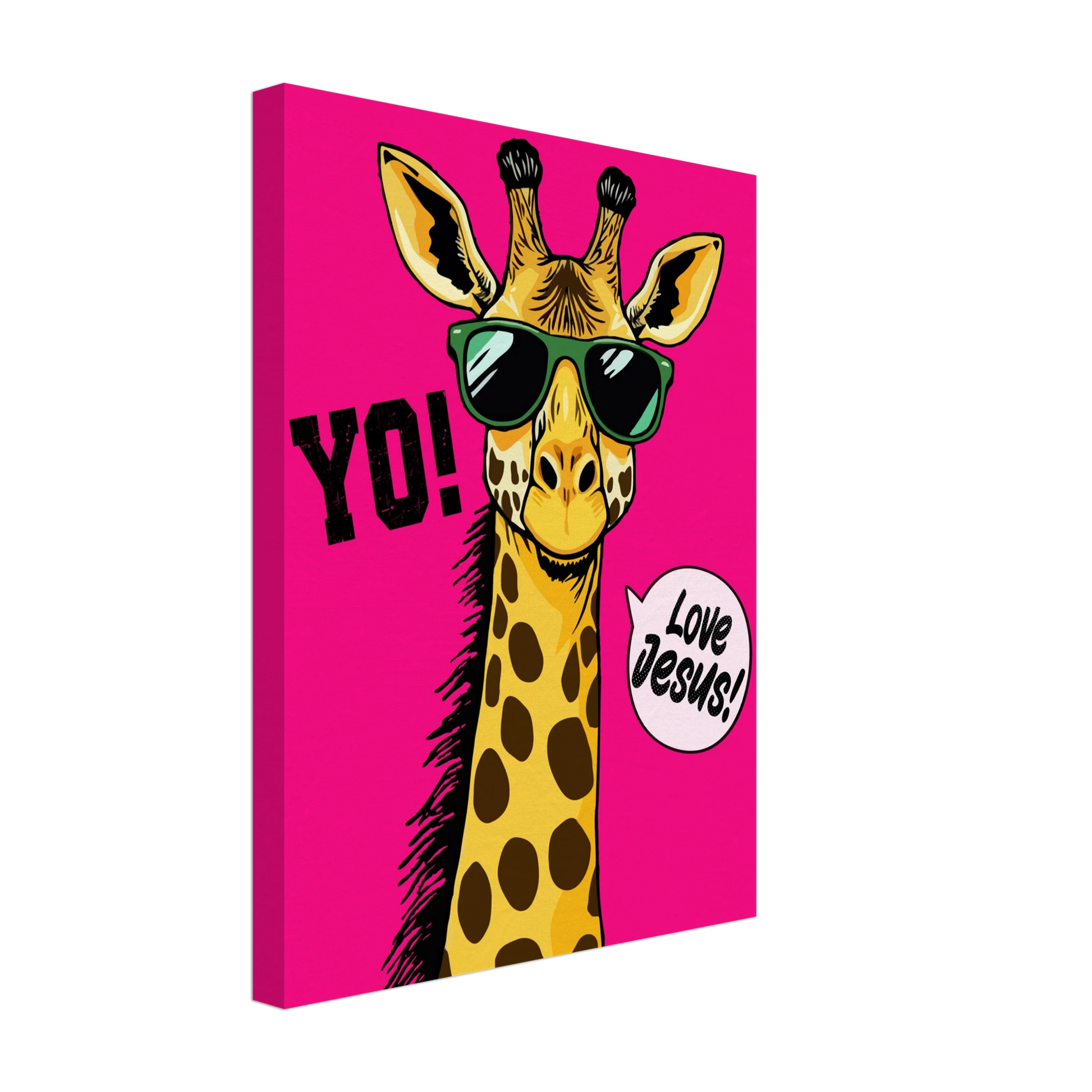 A vibrant pink canva featuring a cartoon giraffe with sunglasses and a speech bubble with the phrase 'Love Jesus!' The giraffe is the central figure against a vivid pink background.