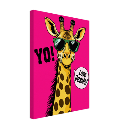 A vibrant pink canva featuring a cartoon giraffe with sunglasses and a speech bubble with the phrase 'Love Jesus!' The giraffe is the central figure against a vivid pink background.