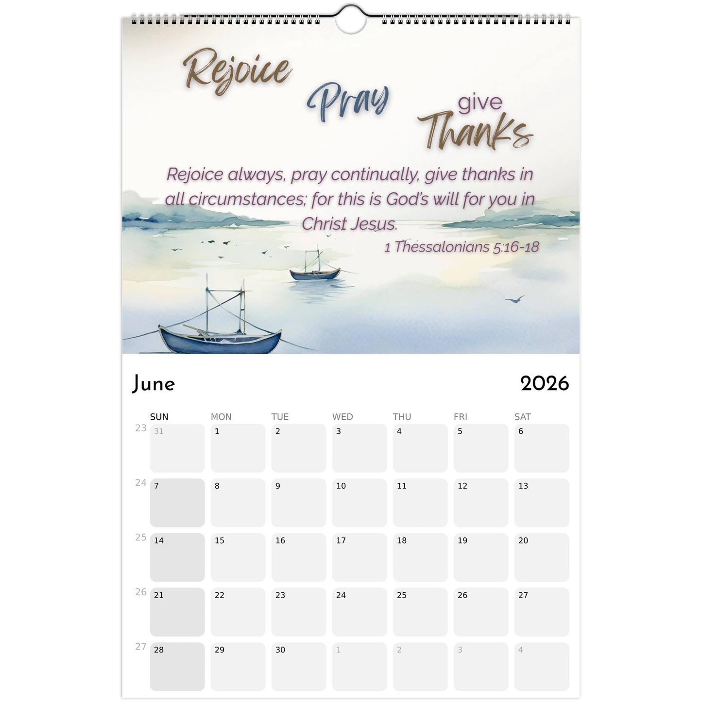 Calendar page for June 2026 with a boat on water illustration and motivational quote.