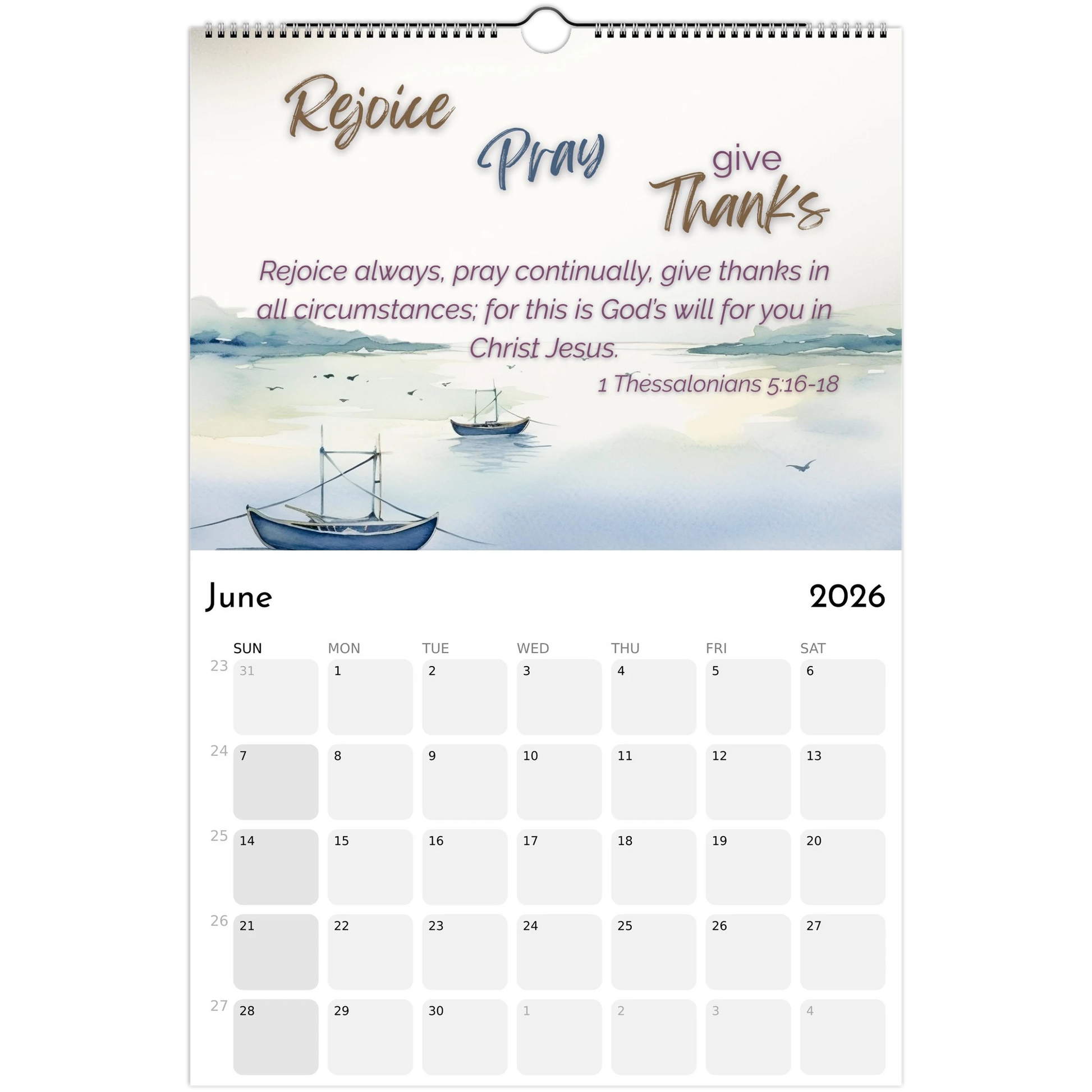 Calendar page for June 2026 with a boat on water illustration and motivational quote.