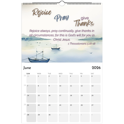 Calendar page for June 2026 with a boat on water illustration and motivational quote.