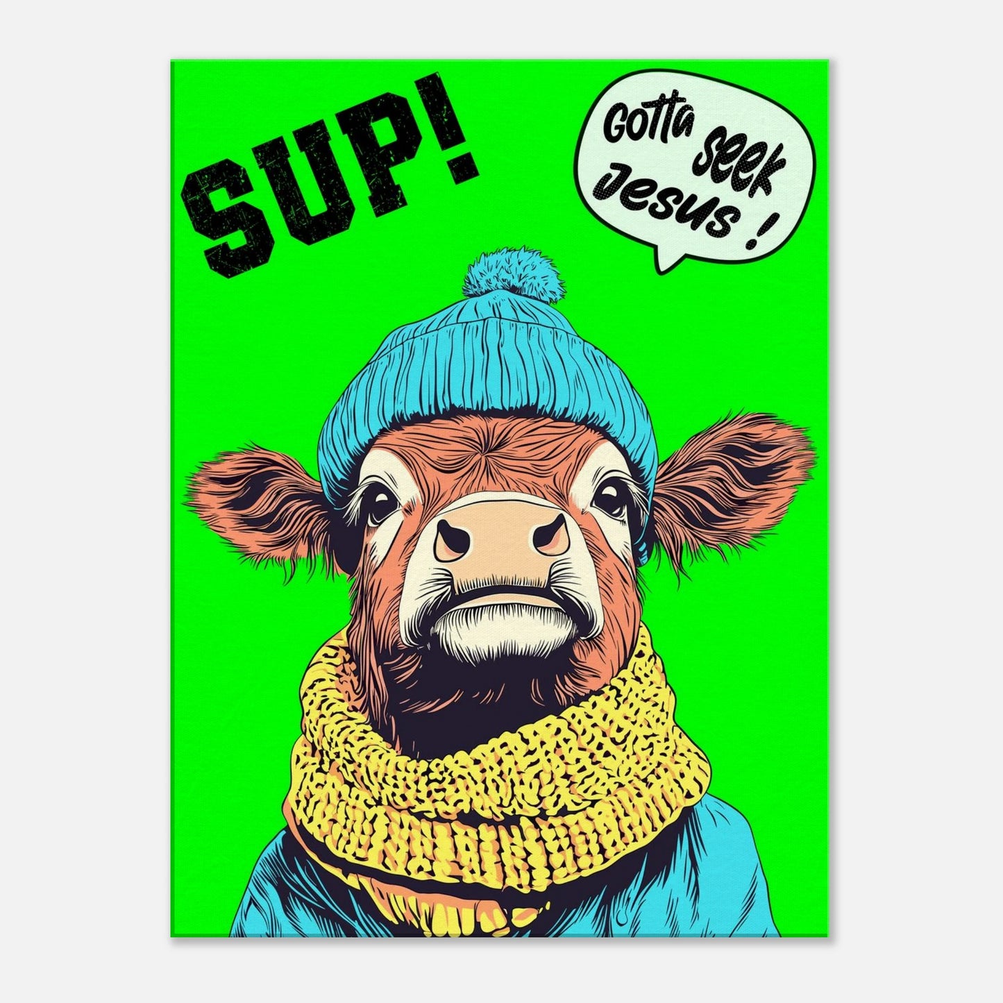 A vibrant green poster featuring a cartoon style Highland cow with a beanie hat and a scarf, holding a sign with the text 'Gotta Seek Jesus' 
