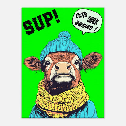 A vibrant green poster featuring a cartoon style Highland cow with a beanie hat and a scarf, holding a sign with the text 'Gotta Seek Jesus' 