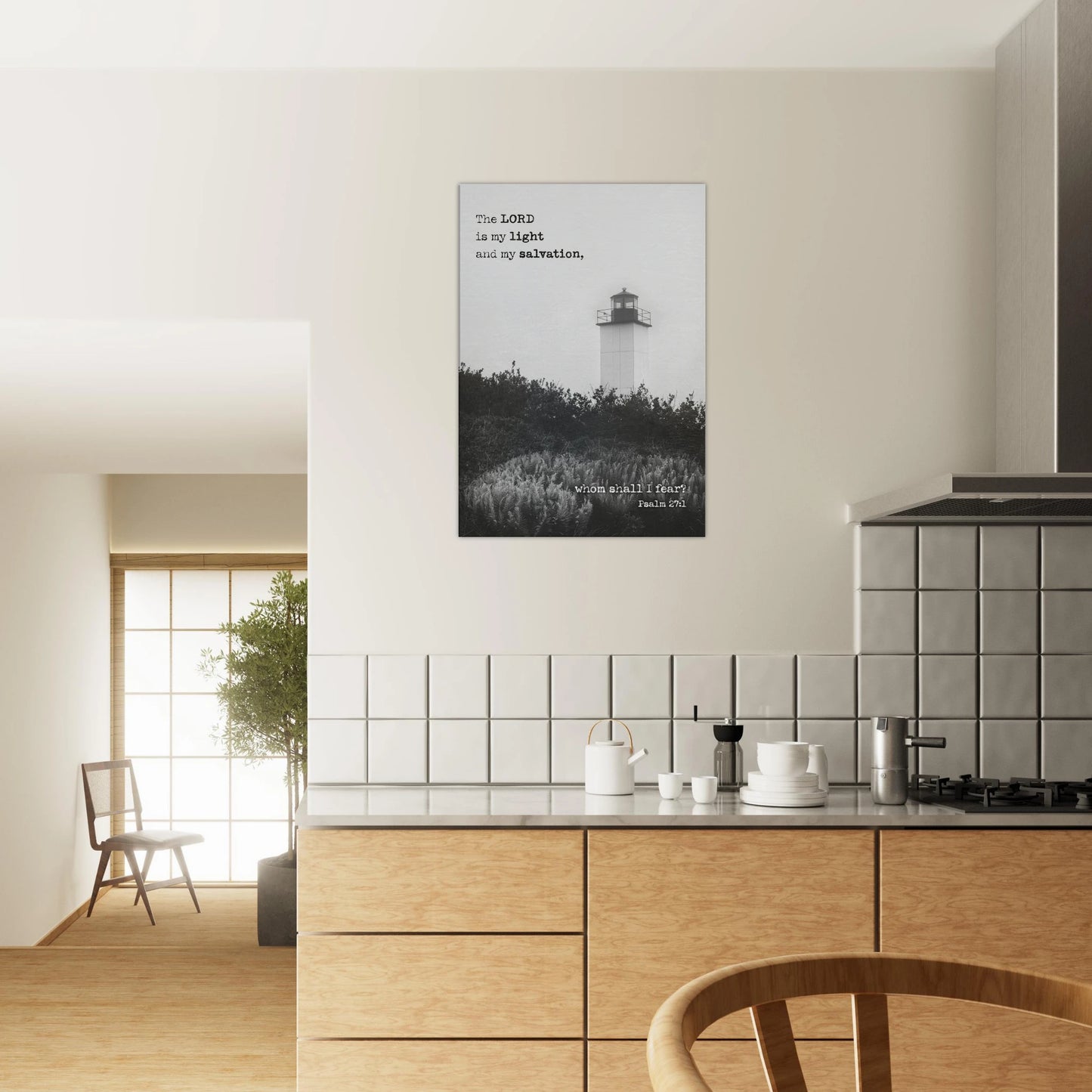 Christian lighthouse wall art with Psalm 27:1 styled in a modern minimalist kitchen for home décor inspiration.