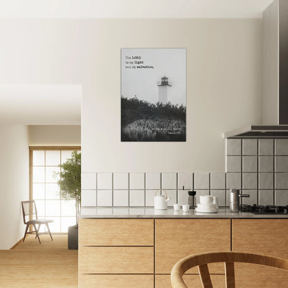 Christian lighthouse wall art with Psalm 27:1 styled in a modern minimalist kitchen for home décor inspiration.