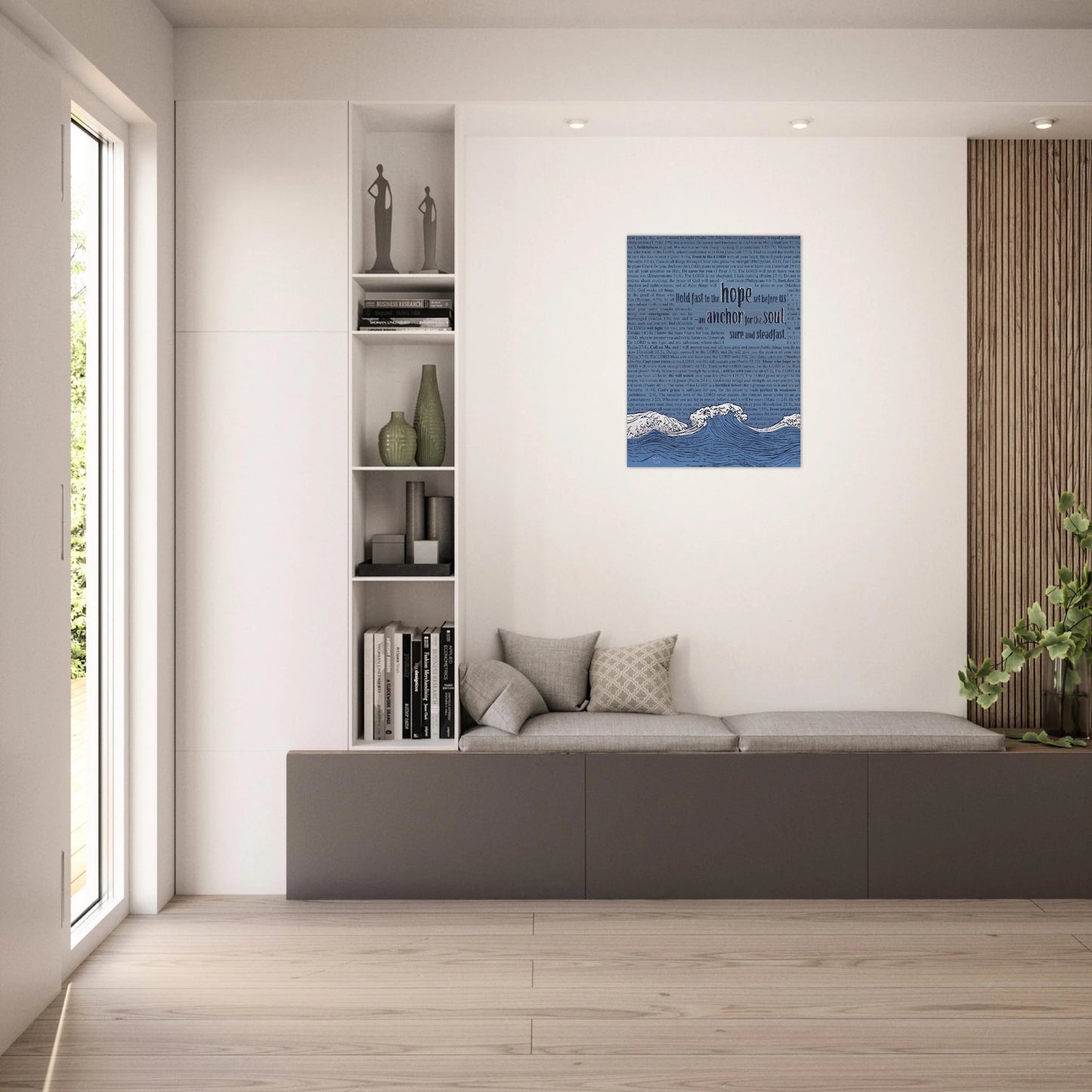 metal wall art with wave and anchor design and bible verses in pink and silver tones hanging above a modern entryway bench
