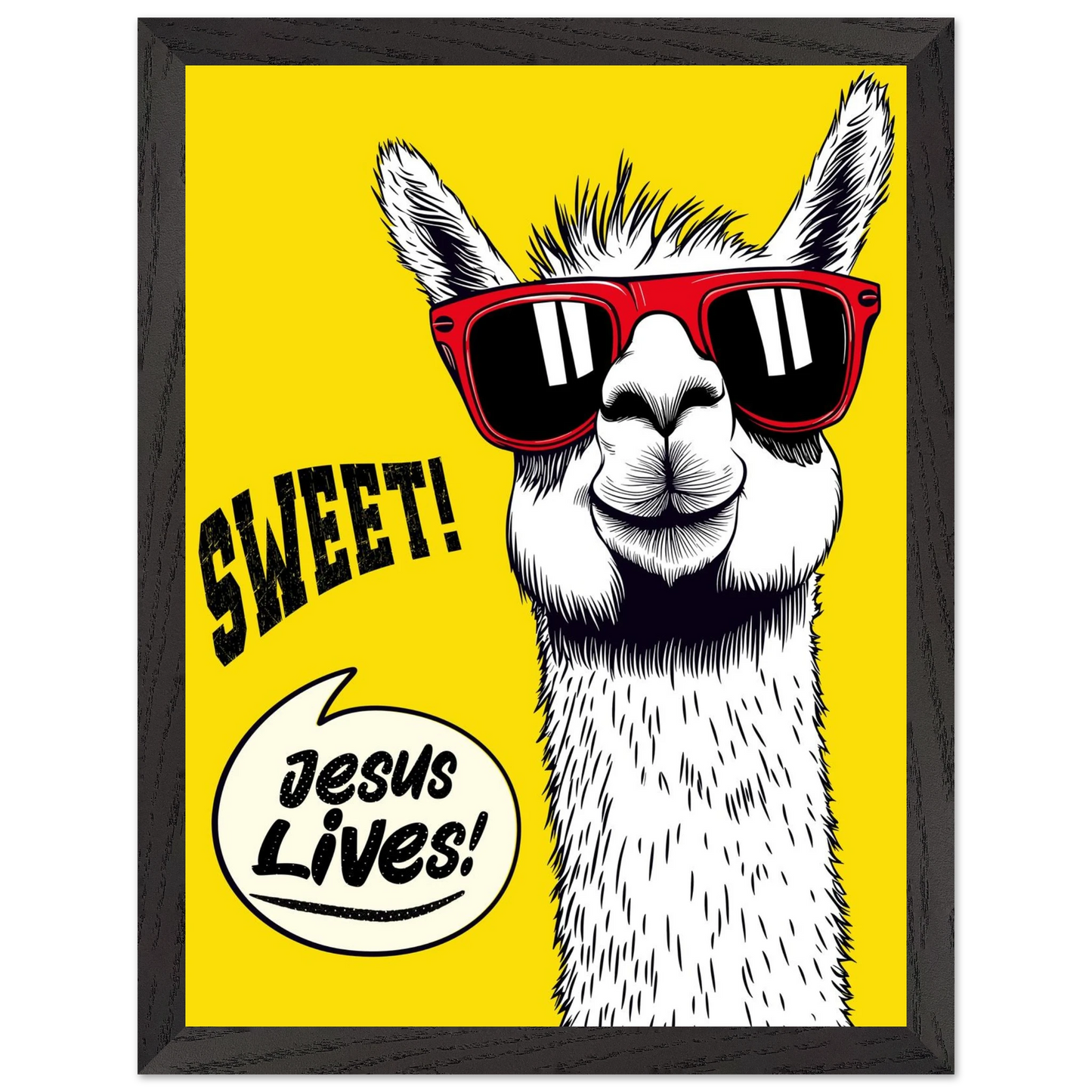 Playful Christian wall art illustration of a white llama wearing red sunglasses on a bright yellow background, with the words SWEET! and Jesus Lives in a speech bubble, framed in black.