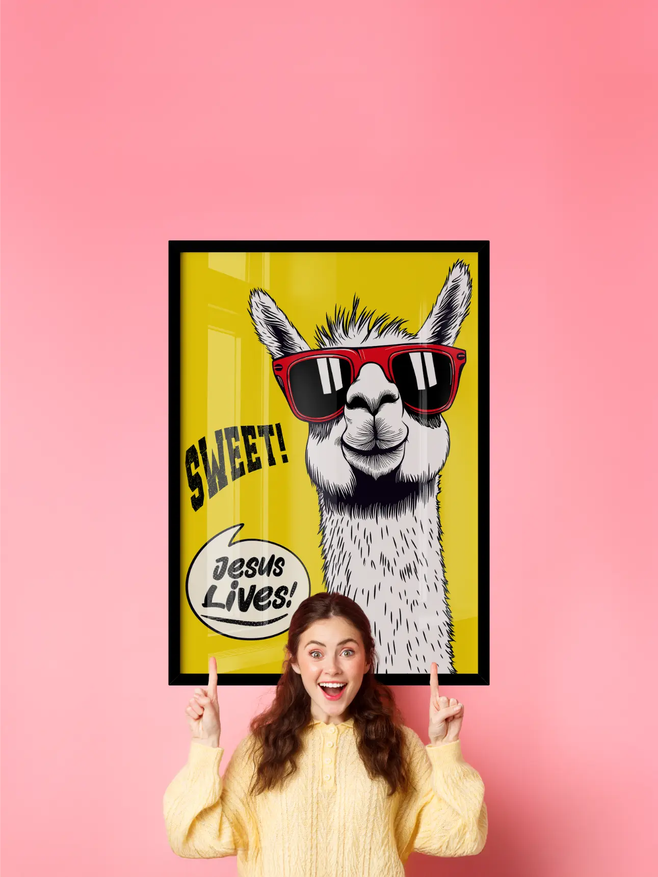 Person holding a poster with a llama wearing sunglasses and 'Jesus Lives!' text on a pink background