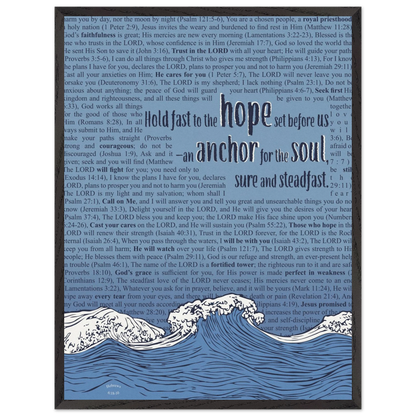 blue christian poster with bible verses in the background featuring a hand drawn wave illustration and the words hold fast to the hope set before us an anchor for the soul sure and steadfast hebrews 6 19