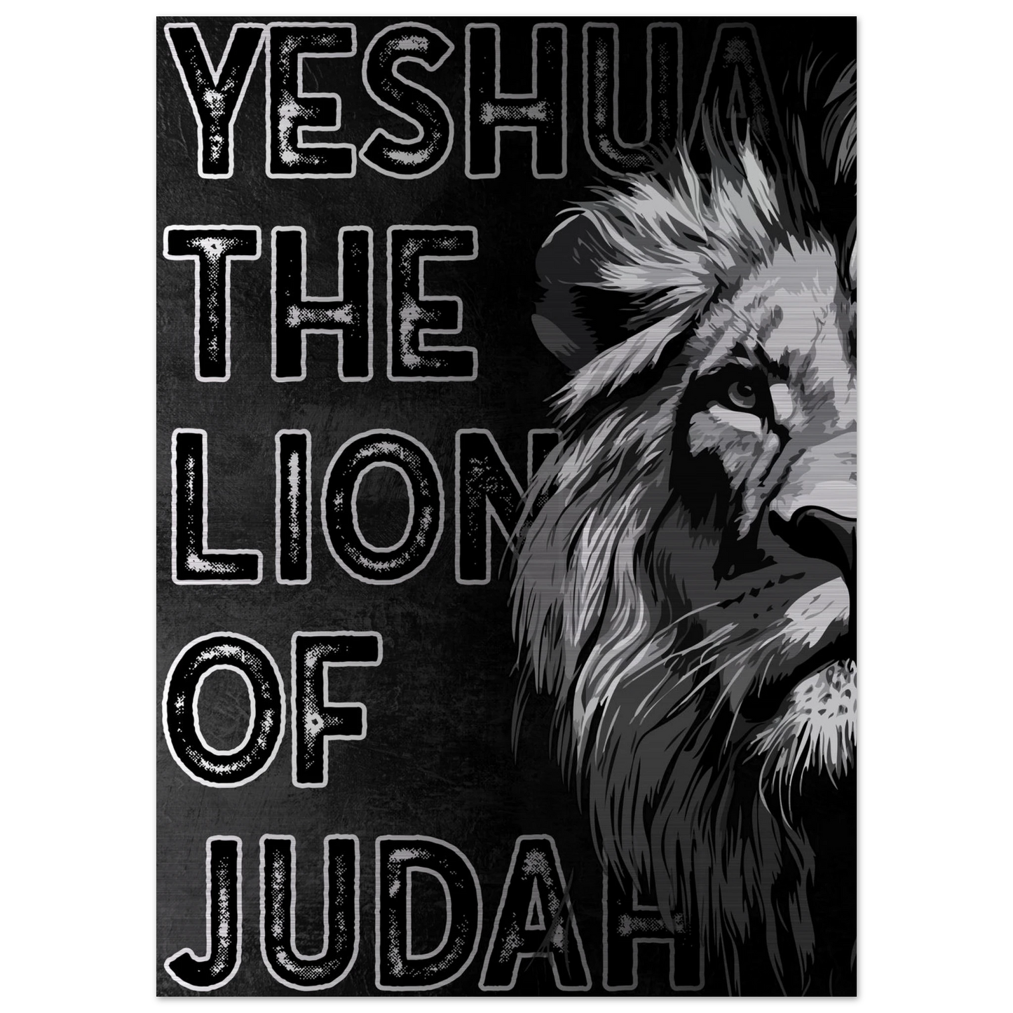 Jesus the Lion of Judah artwork featuring a bold black and white illustrated lion on the right side and distressed block lettering on a dark textured background.