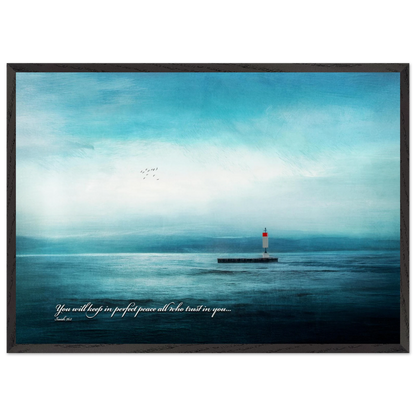 A framed poster featuring a lighthouse in a serene seascape with the text 'You will keep in perfect peace all who trust in you.' from Isaiah 26:3.