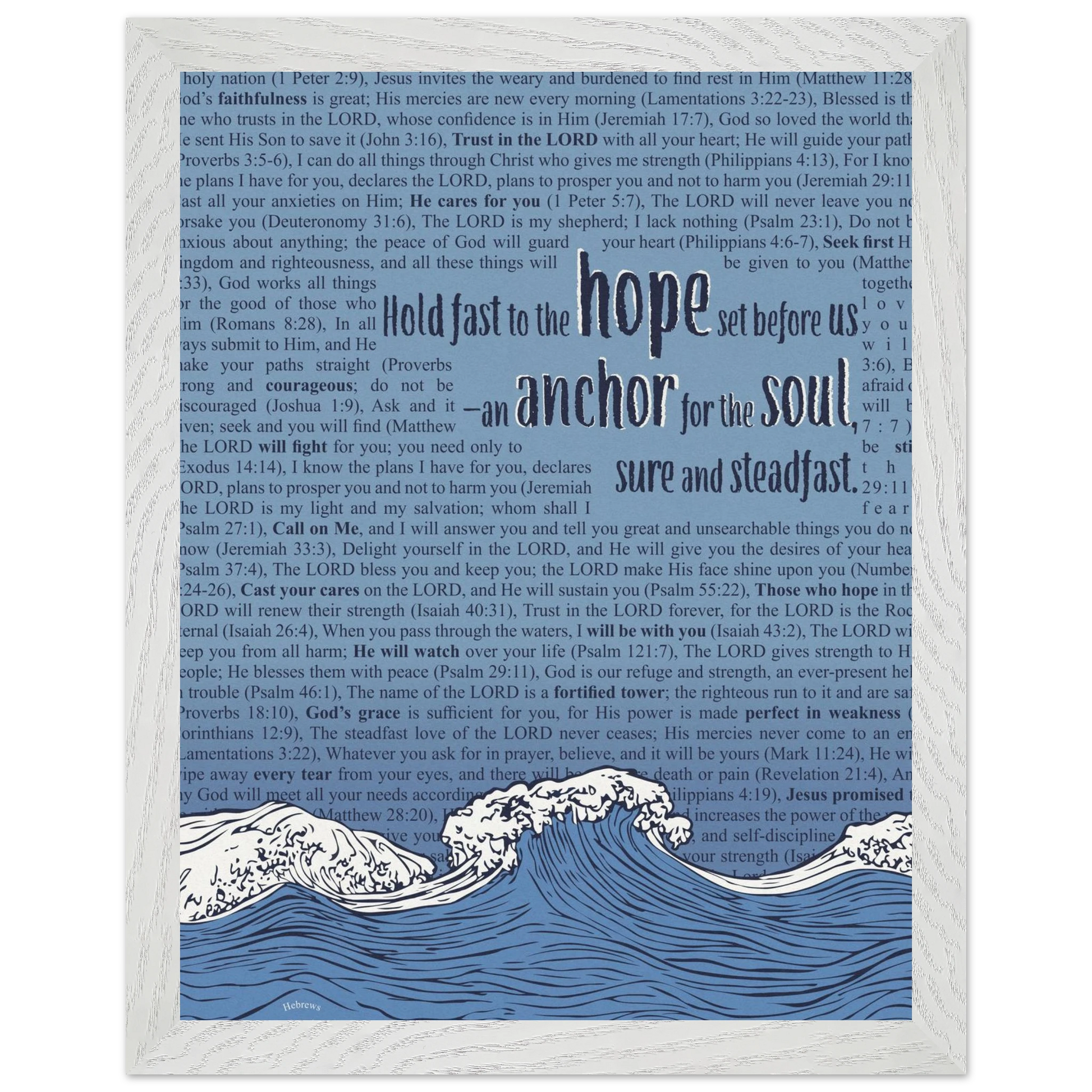 blue christian poster with bible verses in the background featuring a hand drawn wave illustration and the words hold fast to the hope set before us an anchor for the soul sure and steadfast hebrews 6 19