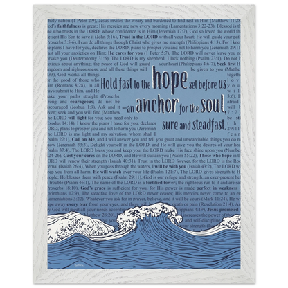 blue christian poster with bible verses in the background featuring a hand drawn wave illustration and the words hold fast to the hope set before us an anchor for the soul sure and steadfast hebrews 6 19