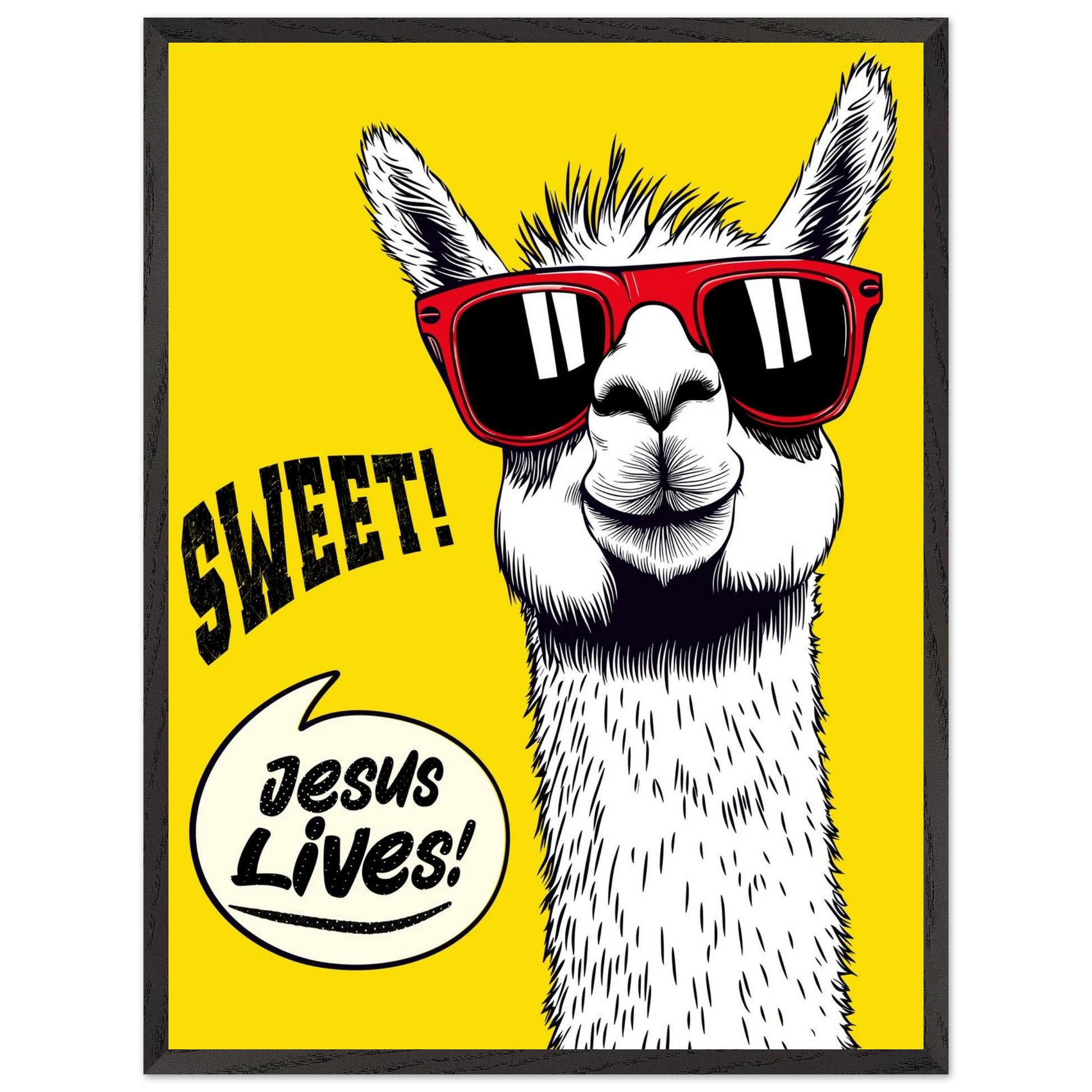 Playful Christian wall art illustration of a white llama wearing red sunglasses on a bright yellow background, with the words SWEET! and Jesus Lives in a speech bubble, framed in black.