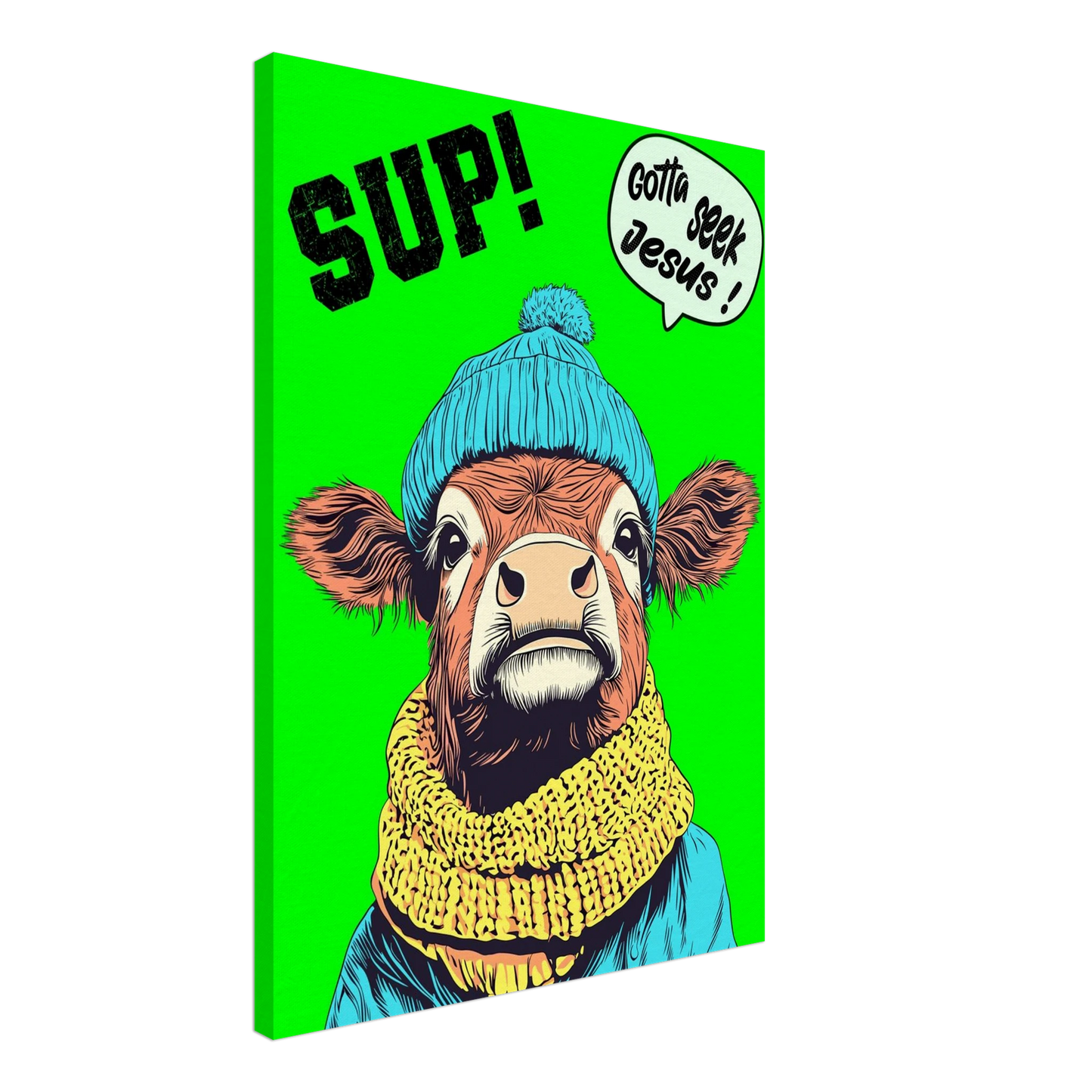 A vibrant green canvas featuring a cartoon style Highland cow with a beanie hat and a scarf, holding a sign with the text 'Gotta Seek Jesus'.