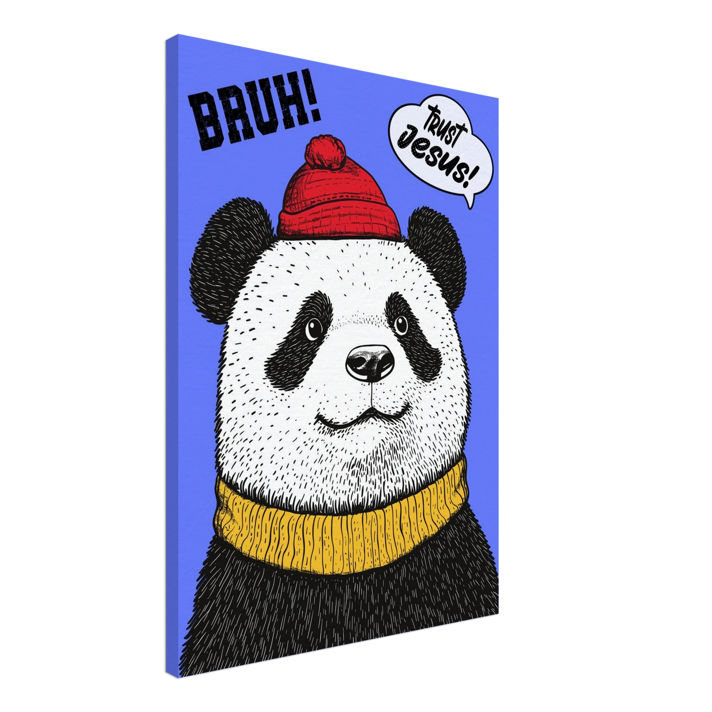 A canvas wall art featuring a cartoon illustration of a panda with a red beanie hat, a yellow scarf, and a speech bubble saying 'Trust Jesus'. The background is blue.